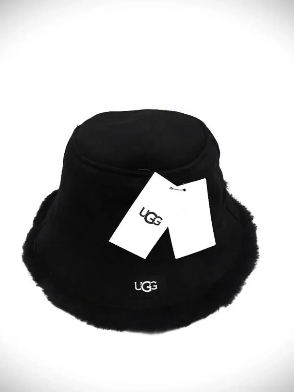 UGG Real Fur Over Sheepskin Black Shearling & Sheepskin Bucket Hat Size SM/PM